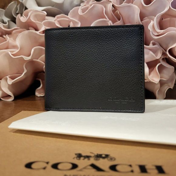NWT COACH Men's Id Billfold Wallet in Black Leather with Coach Gift Box - Picture 1 of 5